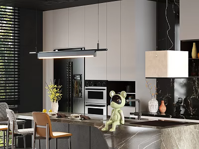 Elegant Modern Restaurant Interior With Open Kitchen And Marble Island Countertop 3d model