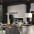 Elegant Modern Restaurant Interior With Open Kitchen And Marble Island Countertop
