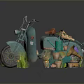 Vintage Green Motorcycle Decorative Display With Flower Pots Gramophone And Checkerboard Grass On Plaid Rug