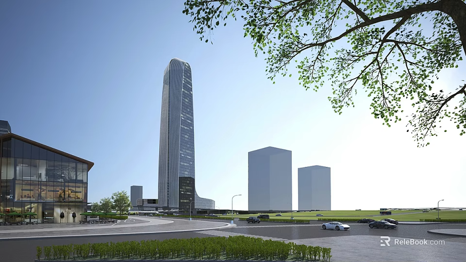Modern Tall Office Building With Surrounding Structures Cars Greenery And Blue Sky 3d model 