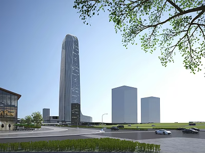 Modern Tall Office Building With Surrounding Structures Cars Greenery And Blue Sky 3d model