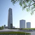 Modern Tall Office Building With Surrounding Structures Cars Greenery And Blue Sky
