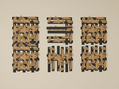 Three Piece Modern Geometric Wall Decor With Black And Gold Intricate Patterns 3d model