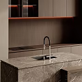 Modern Kitchen Interior With Marble Countertop Wooden Cabinets And Storage Shelves