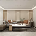 Modern Living And Dining Room Interior With Sofa Coffee Table Marble TV Wall And Plants