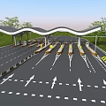 Toll Plaza With Multiple Lanes Covered Canopy Directional Arrows And Green Trees