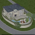 Evening Garden Landscape With Ambient Lighting Pool Lawn Trees And People Sitting