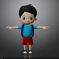 Cartoon Boy with Black Short Hair Blue Shirt Red Shorts Blue Backpack and Arms Outstretched