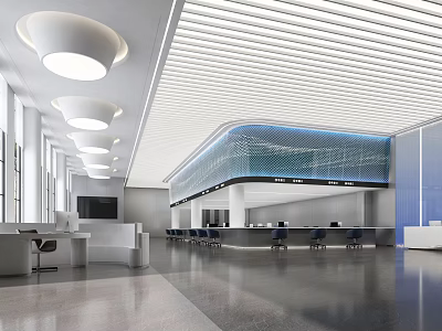 Modern Service Hall Interior With Striped Ceiling Circular Pendant Lights And Curved Counter 3d model