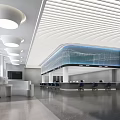 Modern Service Hall Interior With Striped Ceiling Circular Pendant Lights And Curved Counter