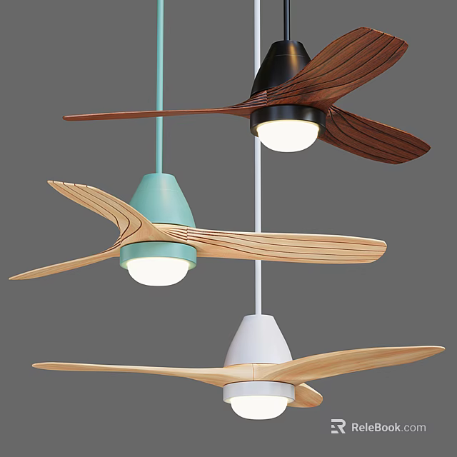Modern Hanging Air Cooler Fans With Wooden Blades And Lighting In Multiple Colors 3d model 