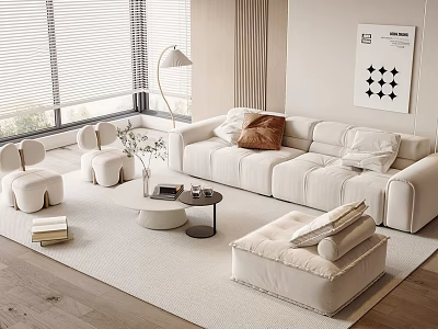 Modern Cozy Living Room With White Two-Seater Sofa Floor Lamp Coffee Table And Round Stools 3d model