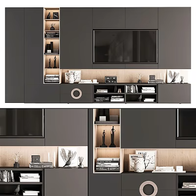 Modern TV Wall Design With Dark Cabinetry Built-in TV And Decorative Shelves 3d model