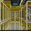 Indoor Playground Snack Area With Yellow Interior Glass Display Cabinets And Counter