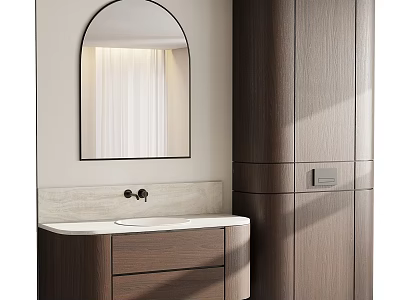 Elegant Modern Bathroom Vanity with Arched Mirror Wooden Cabinets and Stone Countertop 3d model