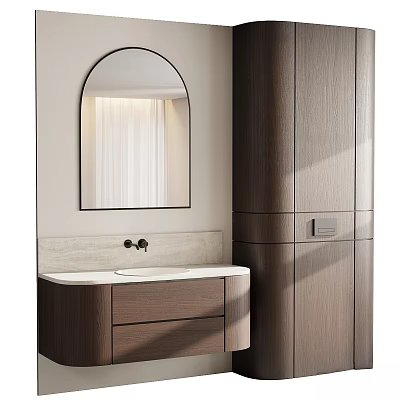 Elegant Modern Bathroom Vanity with Arched Mirror Wooden Cabinets and Stone Countertop 3d model