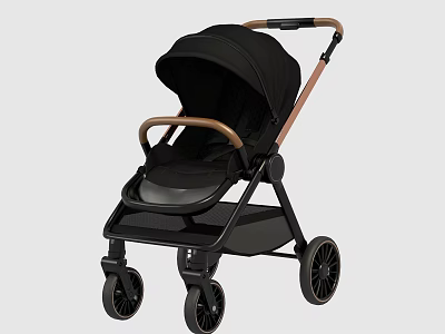 Modern Black Baby Stroller Featuring Brown Handle And Smooth Wheels 3d model