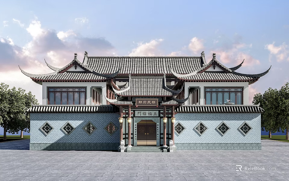 Traditional Chinese Style Detached Villa With Overhanging Eaves And Tile Roof 3d model 