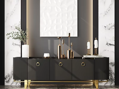 Elegant Black TV Stand With Gold Handles Drawers And Marble Wall Decor 3d model