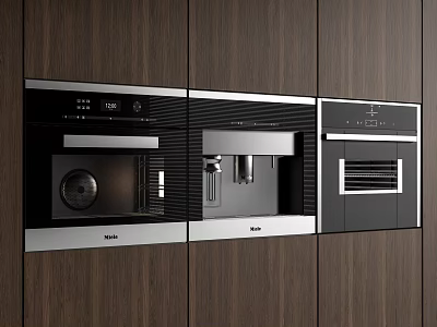Modern Built in Kitchen Appliances Featuring Oven And Coffee Machine In Dark Wood Cabinets 3d model