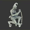 Ancient Bronze Man Statue Wearing Helmet Kneeling And Holding Bow