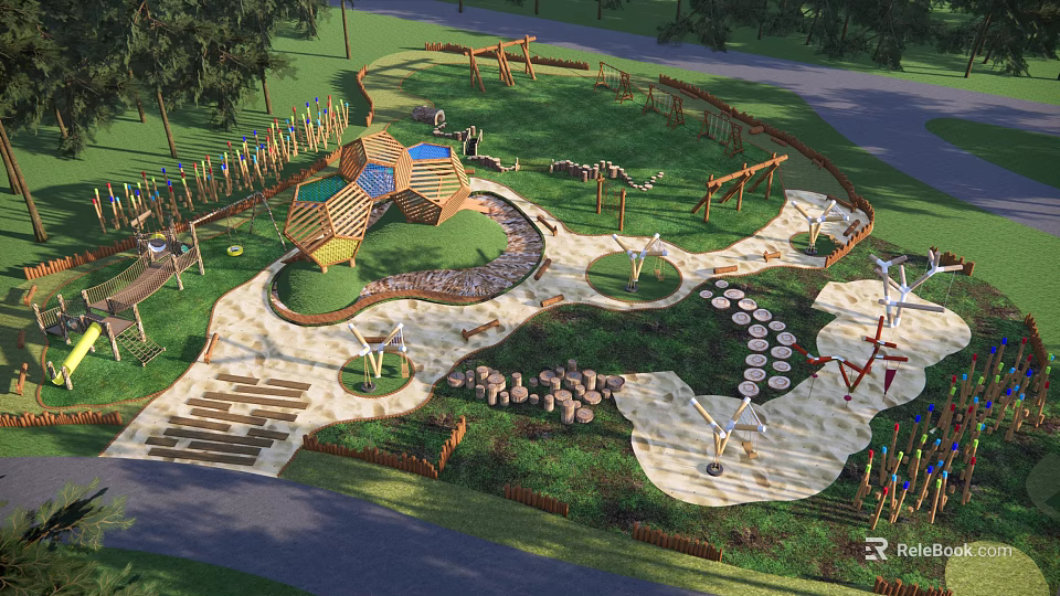 Outdoor Children's Play Area With Natural Grass Climbing Structures And Balance Paths 3d model 