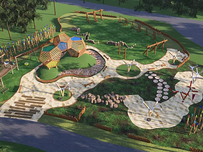 Outdoor Children's Play Area With Natural Grass Climbing Structures And Balance Paths 3d model
