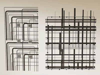 Structural Pipe Blueprint Design With Grid Patterns And Curved Pipeline Sections 3d model