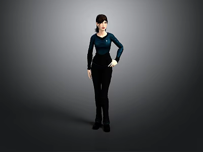 Stylish Woman In Dark Blue Top And Black Pants Standing With Hand On Hip 3d model