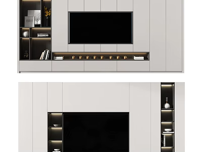 Modern Interior TV Wall Design With White Cabinetry Open Shelves And LED Lighting 3d model
