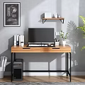 Wooden Computer Desk With Monitor Books Wall Shelf Green Plant And Black Chair