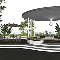 Modern Garden Terrace With Circular Pavilion Lighting Green Plants And Sofa Area