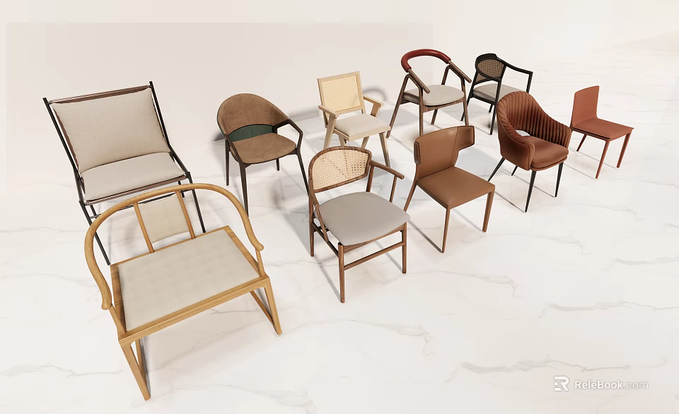 Various Modern Dining Chairs With Wooden Frames Upholstered Seats And Rattan Details 3d model 
