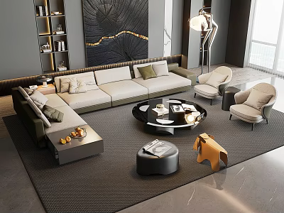 Modern Sofa and Coffee Table Set with Armchairs Floor Lamp Decorative Painting and Rug 3d model