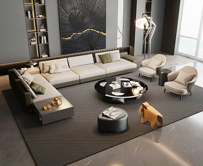 Modern Sofa and Coffee Table Set with Armchairs Floor Lamp Decorative Painting and Rug 3d model