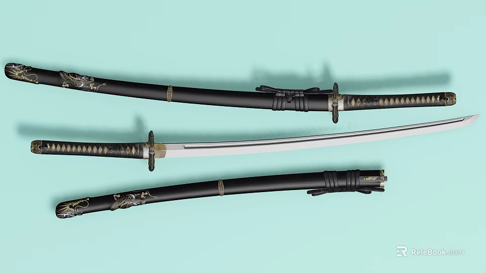 Traditional Japanese Katana Weapon with Sheath Unsheathed Sharp Blade and Decorative Handle 3d model 