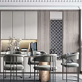 Modern Dining Table Set With Six Chairs Wooden Cabinets And Geometric Pattern Decor
