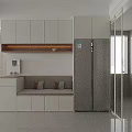 Modern White Sideboard Cabinet With Upper Storage Bench Seating And Stainless Steel Refrigerator