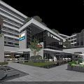 Modern Commercial Street With Glass Buildings Greenery Fountain And Shopping Stores