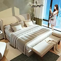 Modern Double Bed Interior Design With Beige Headboard Striped Quilt Nightstand And Window Bench