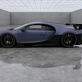 Blue Bugatti Car With Streamlined Body Black Details Large Rear Wing In Gray Concrete Room