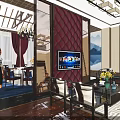 Chinese Style Clubhouse Interior With Mahogany Furniture Red Walls Chandelier And Circular Decor