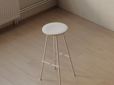 Minimalist White Round Seat Bar Stool With Metal Frame On Wooden Floor 3d model