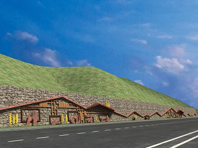 Scenic Red Roofed Buildings Along Stone Wall By Green Hillside And Road 3d model