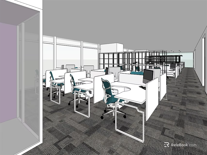 Modern Public Office Space With Desks Computers Green Chairs Open Layout And Windows 3d model