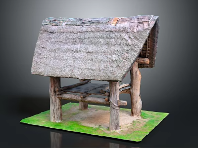 Traditional Thatched Roof Hut With Wooden Pillars On Grass And Sand Base 3d model