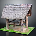 Traditional Thatched Roof Hut With Wooden Pillars On Grass And Sand Base
