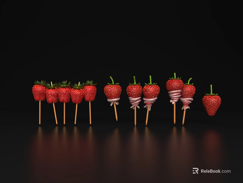 Fresh Strawberries on Wooden Sticks with White Stripes Against Black Background 3d model 