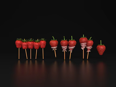Fresh Strawberries on Wooden Sticks with White Stripes Against Black Background 3d model