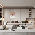 Modern Living Room Interior With Beige Sofa Decorative Painting Bookshelves And Plant